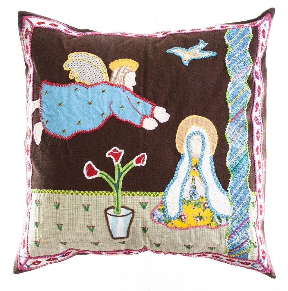 Anunciación Design Embroidered Pillow on dark brown Honduras Threads