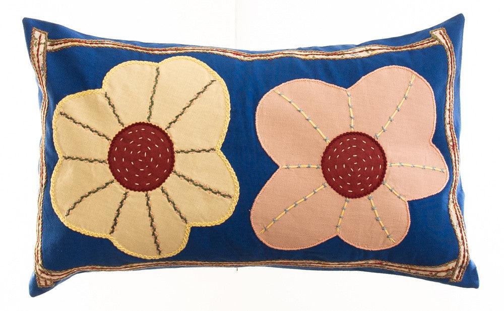 Dos Flores Design Embroidered Pillow on royal blue Honduras Threads