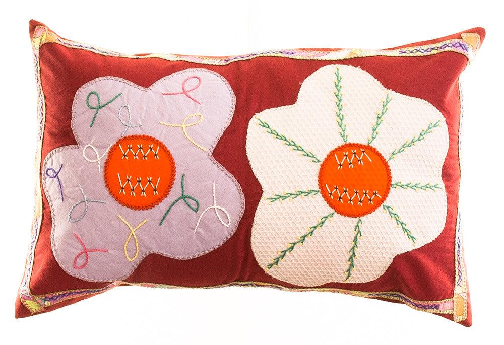 Dos Flores Design Embroidered Pillow on red Honduras Threads