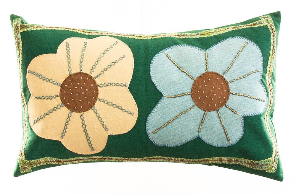 Dos Flores Design Embroidered Pillow on green Honduras Threads