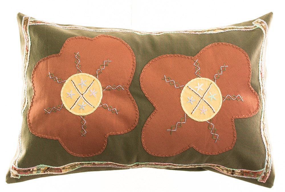 Dos Flores Design Embroidered Pillow on olive Honduras Threads