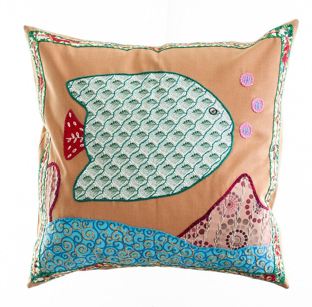 Pescado Design Embroidered Pillow on Caramel Honduras Threads
