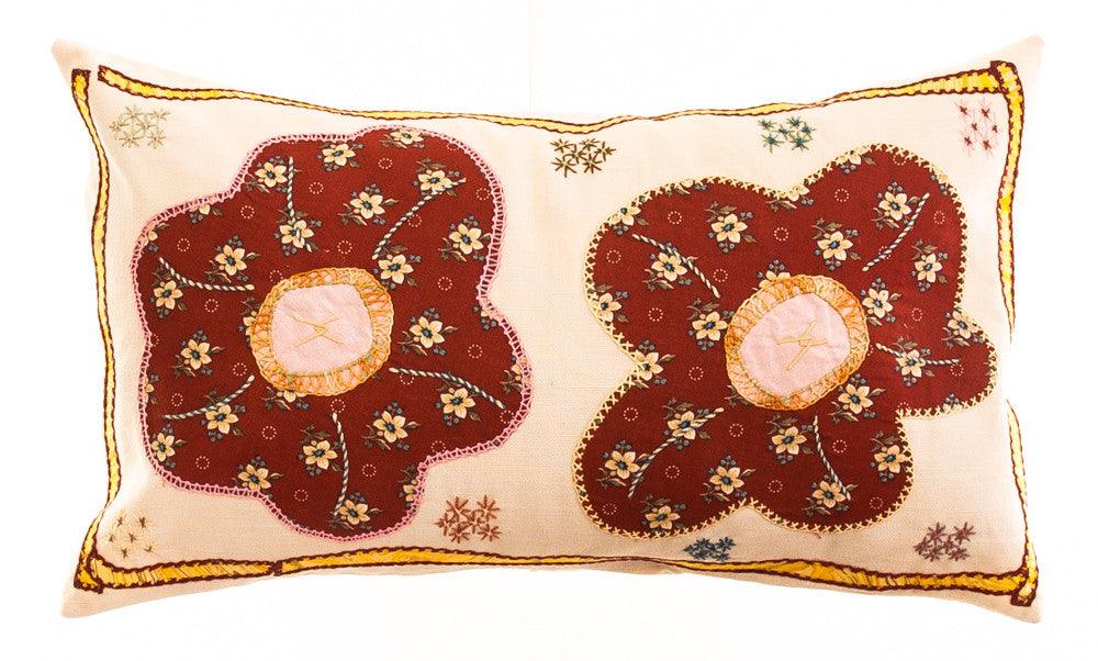 Dos Flores Design Embroidered Pillow on cream Honduras Threads