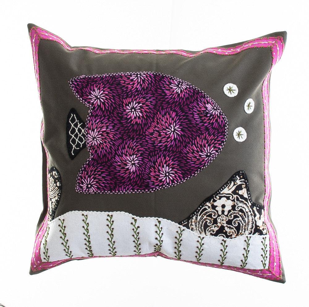 Pescado Design Embroidered Pillow on Dark Olive Honduras Threads