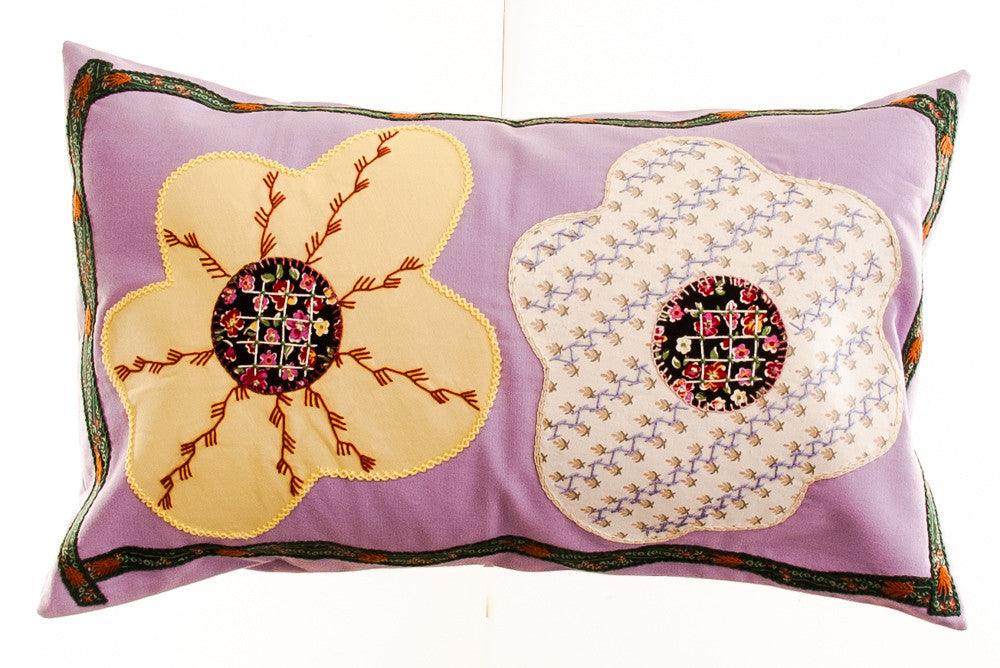 Dos Flores Design Embroidered Pillow on lavendar Honduras Threads