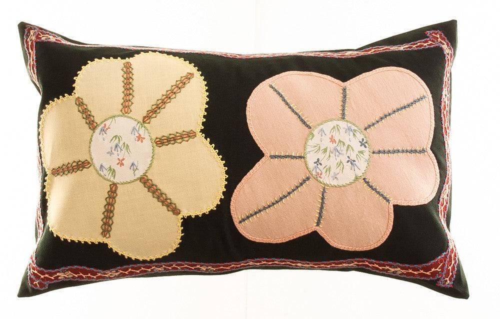 Dos Flores Design Embroidered Pillow on dark green Honduras Threads