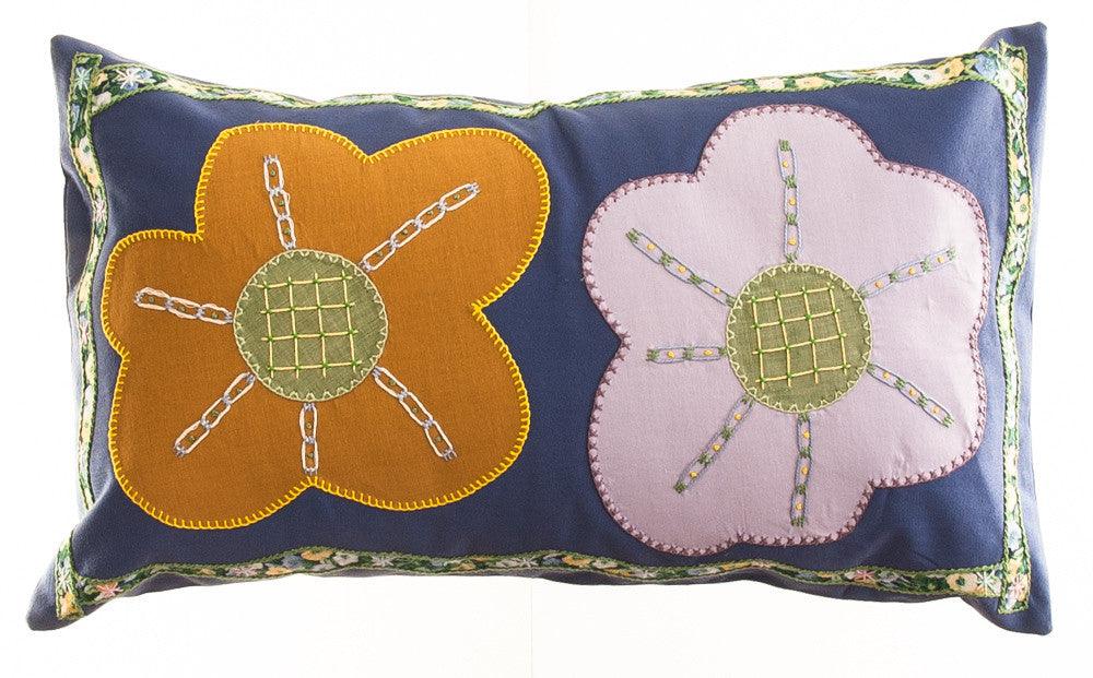 Dos Flores Design Embroidered Pillow on blue Honduras Threads