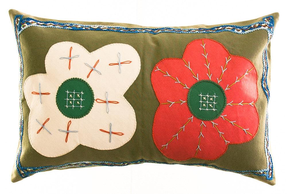 Dos Flores Design Embroidered Pillow on olive Honduras Threads