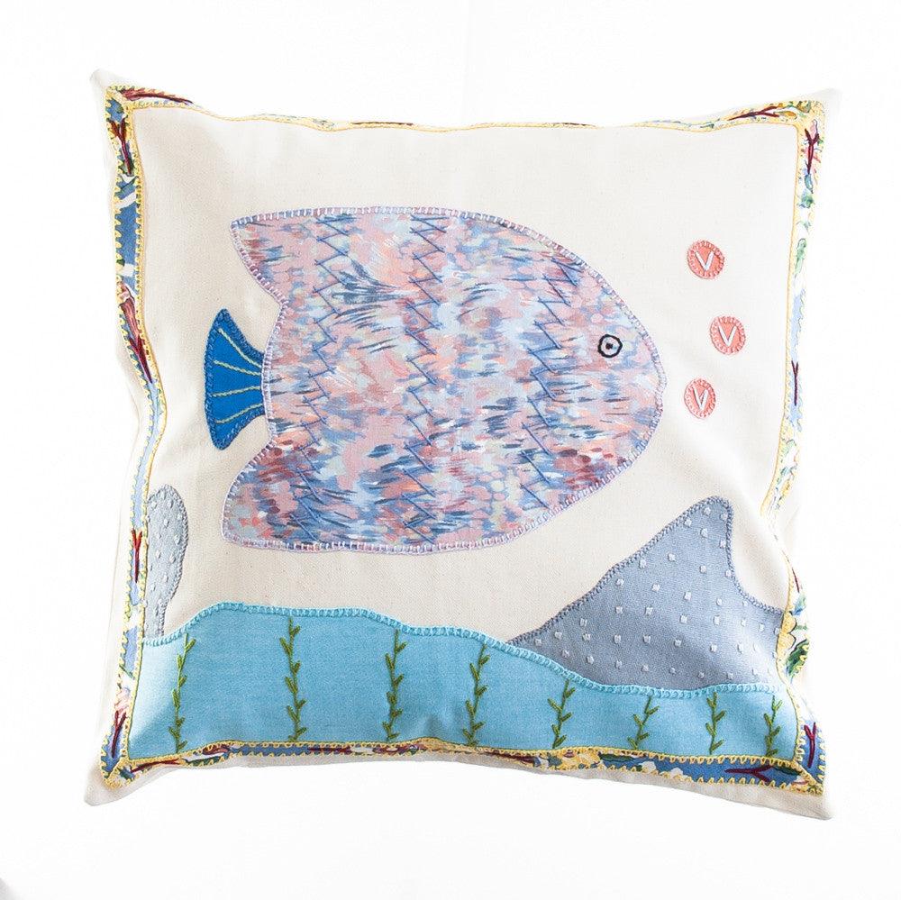 Pescado Design Embroidered Pillow on Cream Honduras Threads