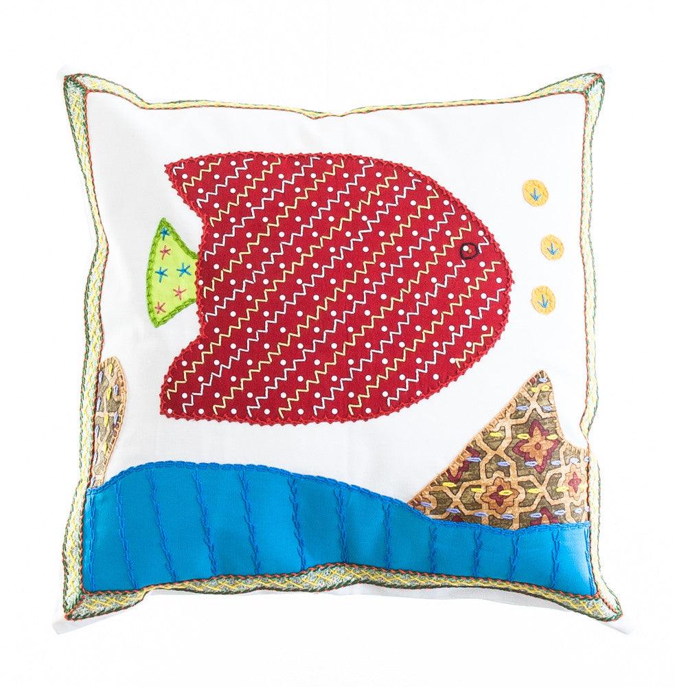 Pescado Design Embroidered Pillow on White Honduras Threads