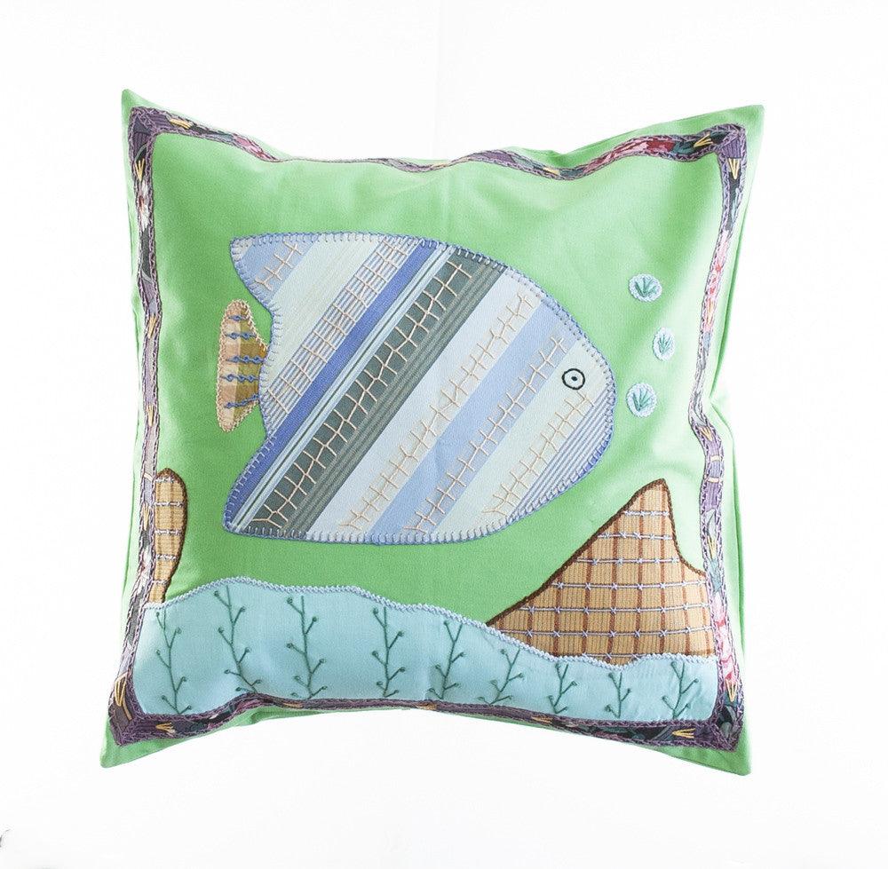 Pescado Design Embroidered Pillow on Apple Green Honduras Threads