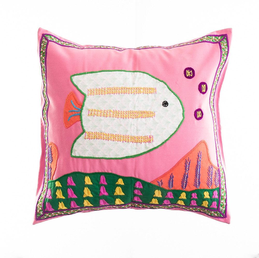 Pescado Design Embroidered Pillow on Pink Honduras Threads