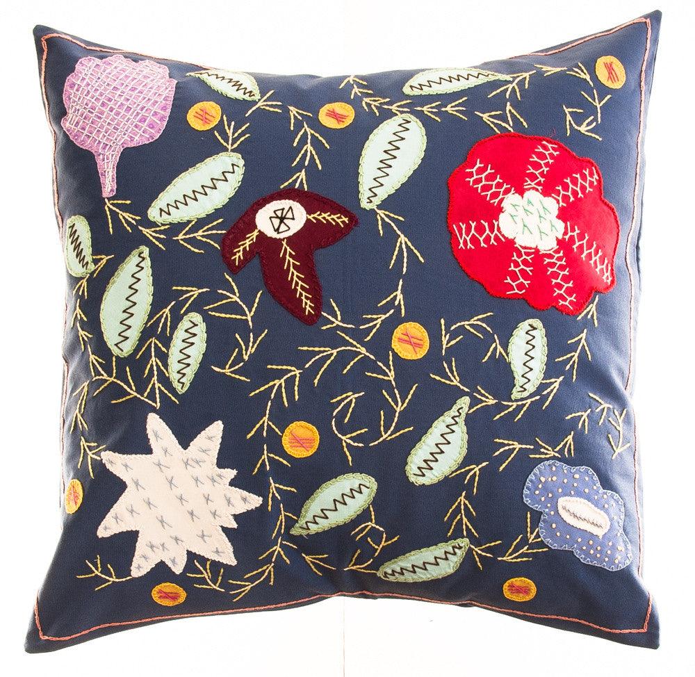 Rosas Design Embroidered Pillow on Slate blue Honduras Threads