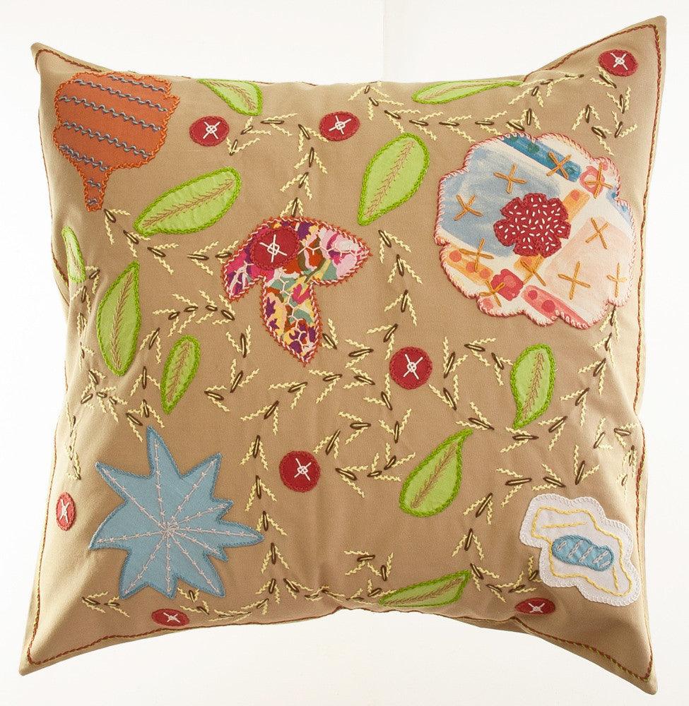 Rosas Design Embroidered Pillow on Khaki Honduras Threads