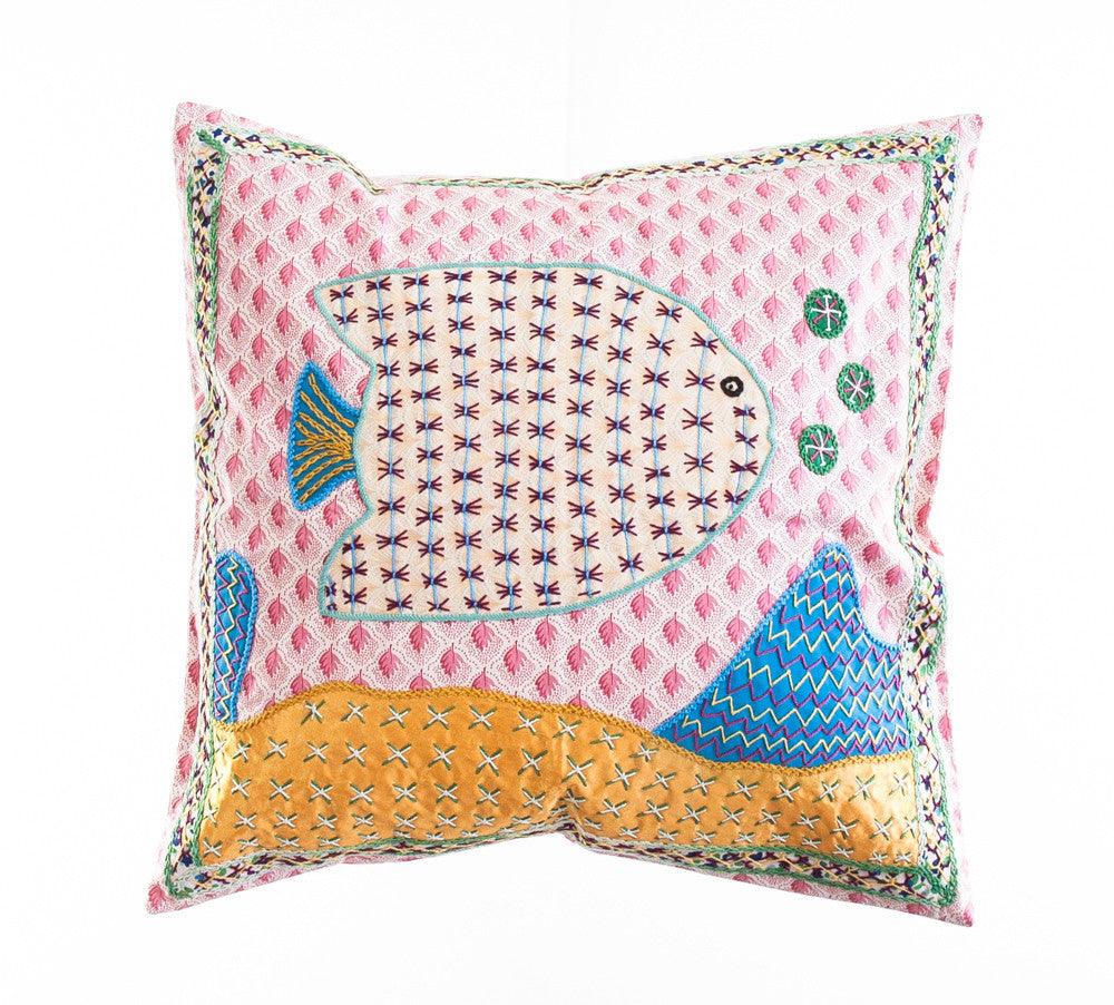 Pescado Design Embroidered Pillow on Pink Print Honduras Threads