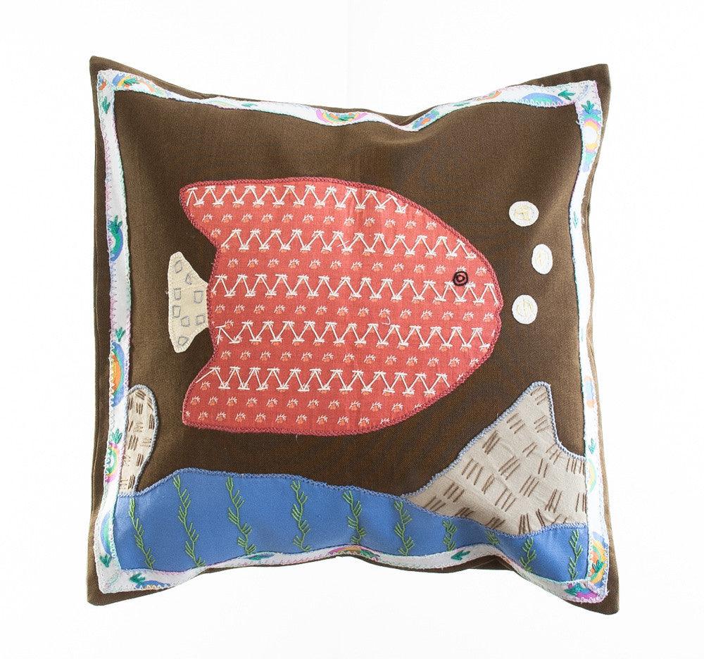 Pescado Design Embroidered Pillow on Brown Honduras Threads