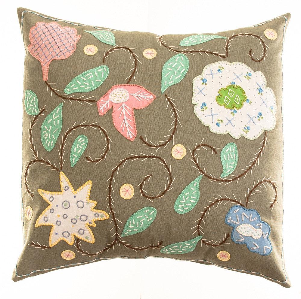 Rosas Design Embroidered Pillow on Sage Honduras Threads