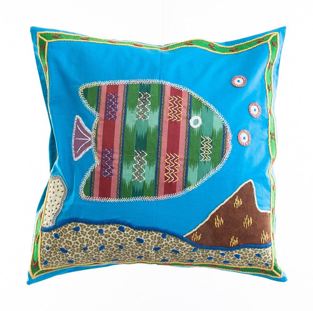 Pescado Design Embroidered Pillow on Turquoise Honduras Threads