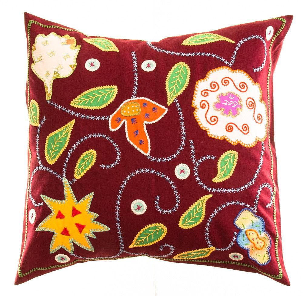 Rosas Design Embroidered Pillow on Dark Red Honduras Threads