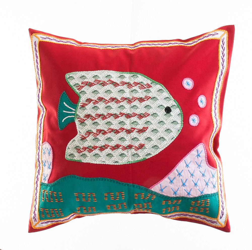 Pescado Design Embroidered Pillow on Red Honduras Threads