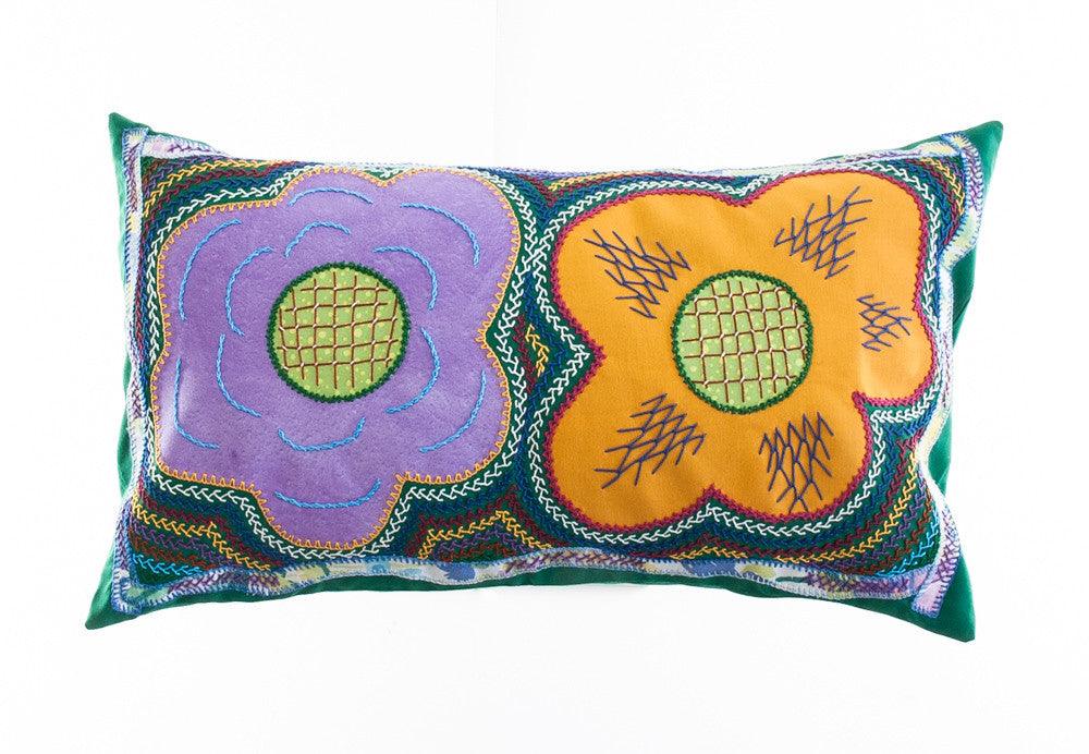 Dos Flores Design Embroidered Pillow on green Honduras Threads