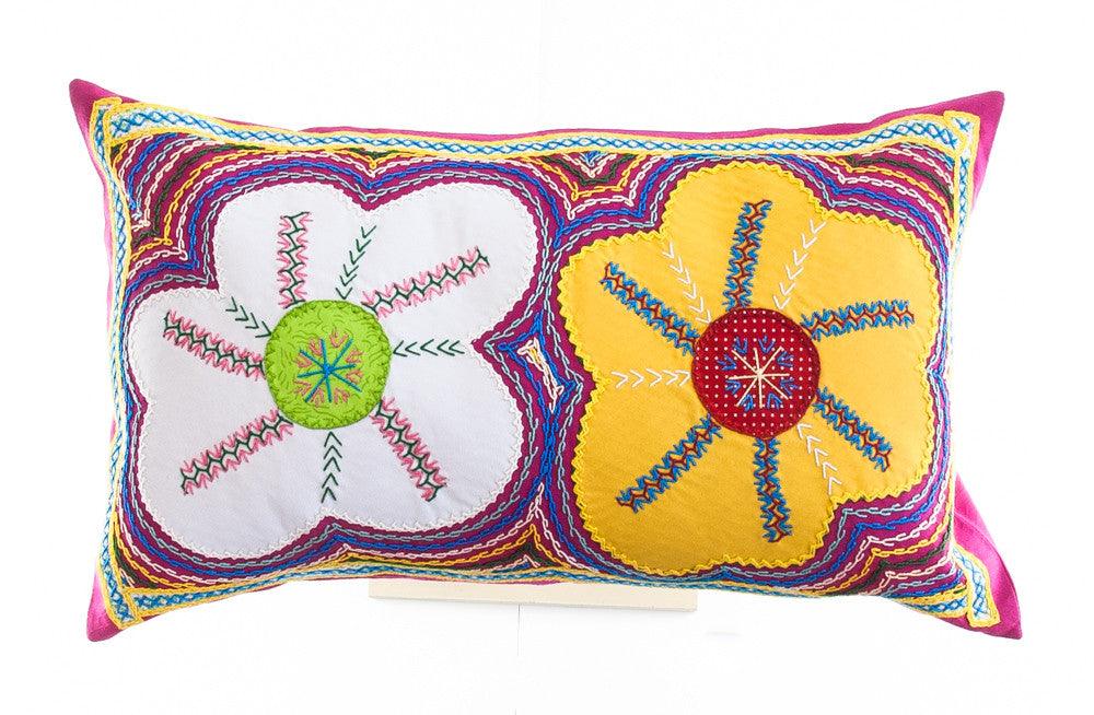 Dos Flores Design Embroidered Pillow on dark pink Honduras Threads