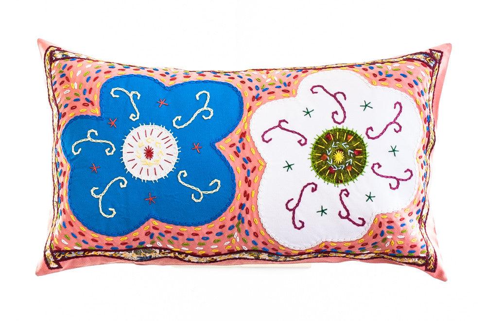 Dos Flores Design Embroidered Pillow on salmon Honduras Threads