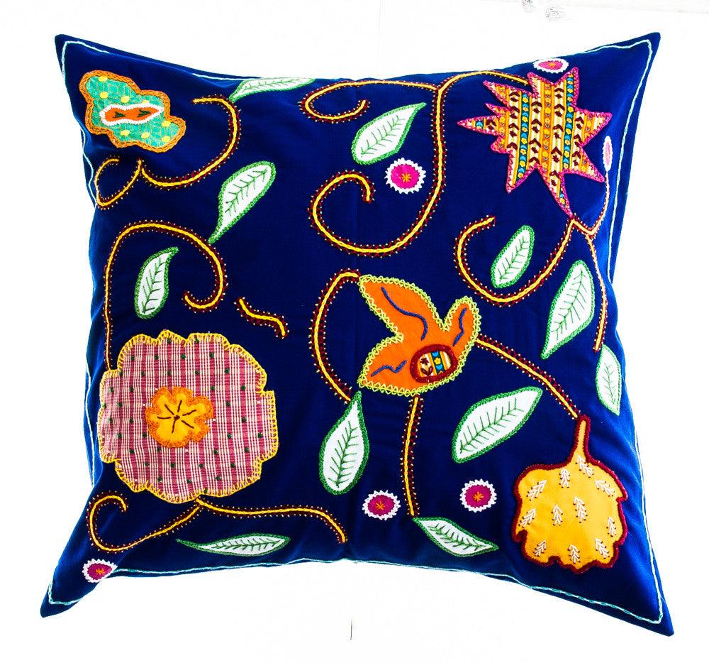 Rosas Design Embroidered Pillow on Dark Blue Honduras Threads
