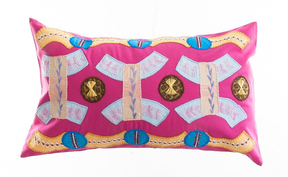 Arcos Design Embroidered Pillow on Dark Pink Honduras Threads