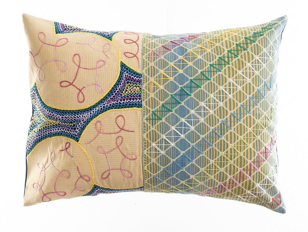 Cuadritos Design Embroidered Pillow on navy Honduras Threads