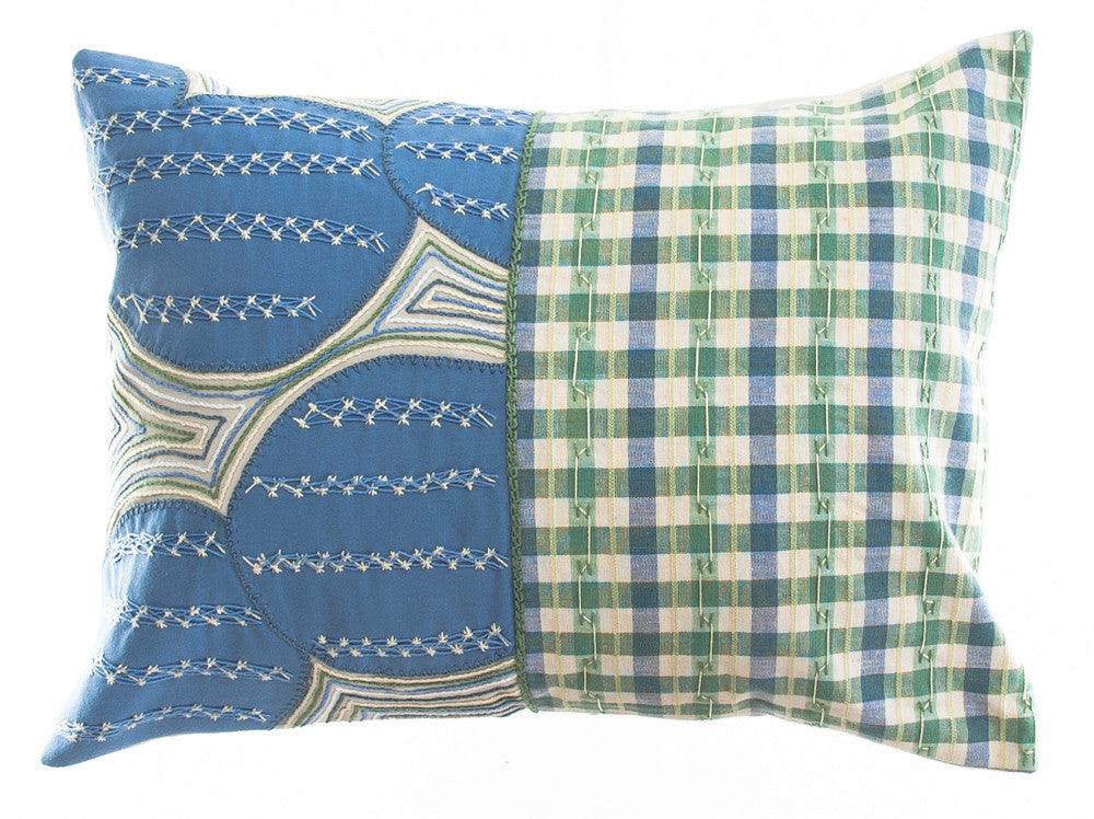 Cuadritos Design Embroidered Pillow on blue Honduras Threads
