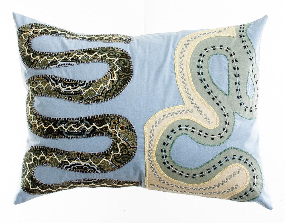 Rios Design Embroidered Pillow on light gray blue Honduras Threads