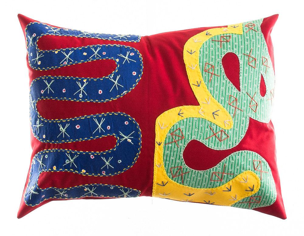 Rios Design Embroidered Pillow on red Honduras Threads