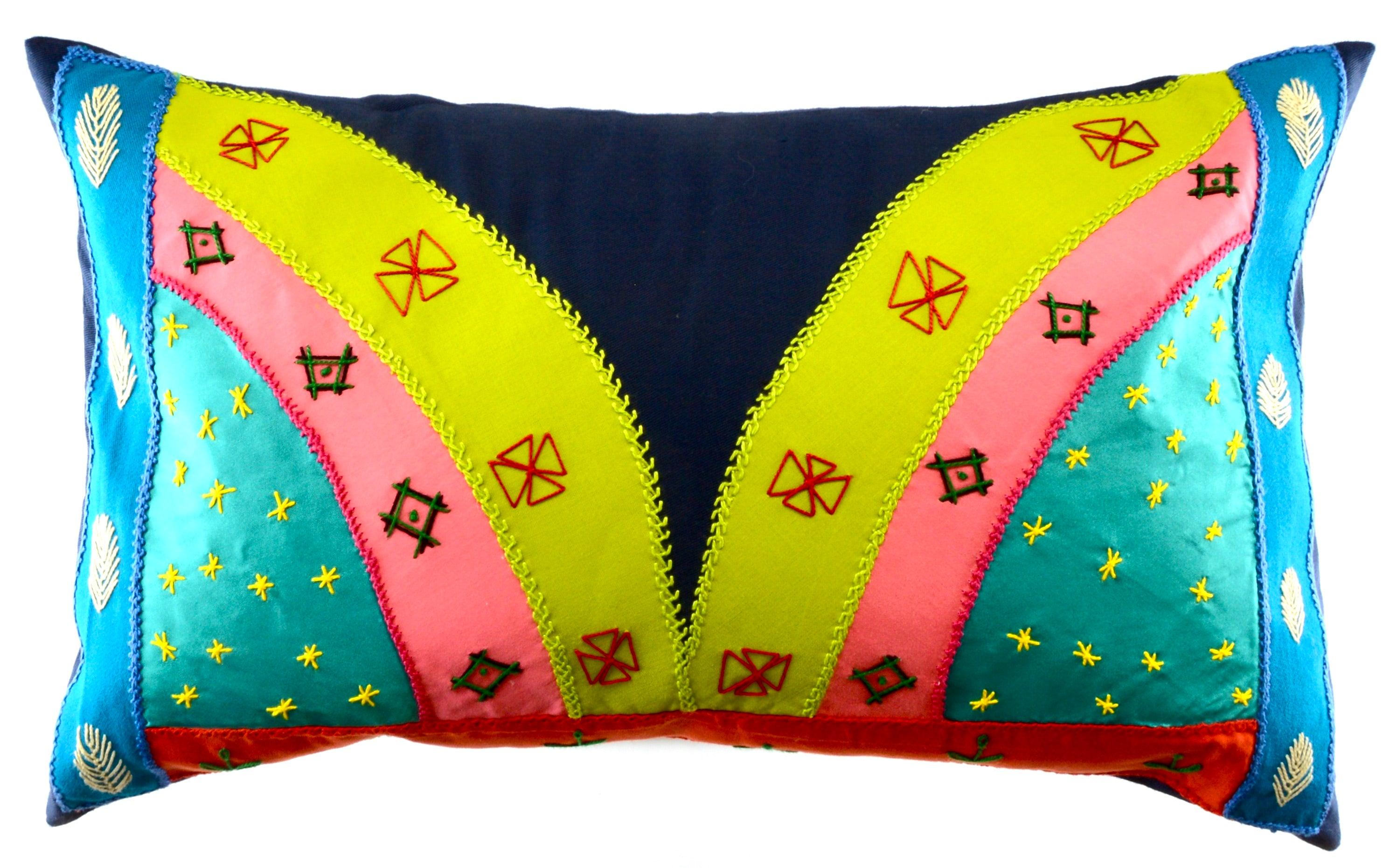 Mariposa Design Embroidered Pillow on blue Honduras Threads