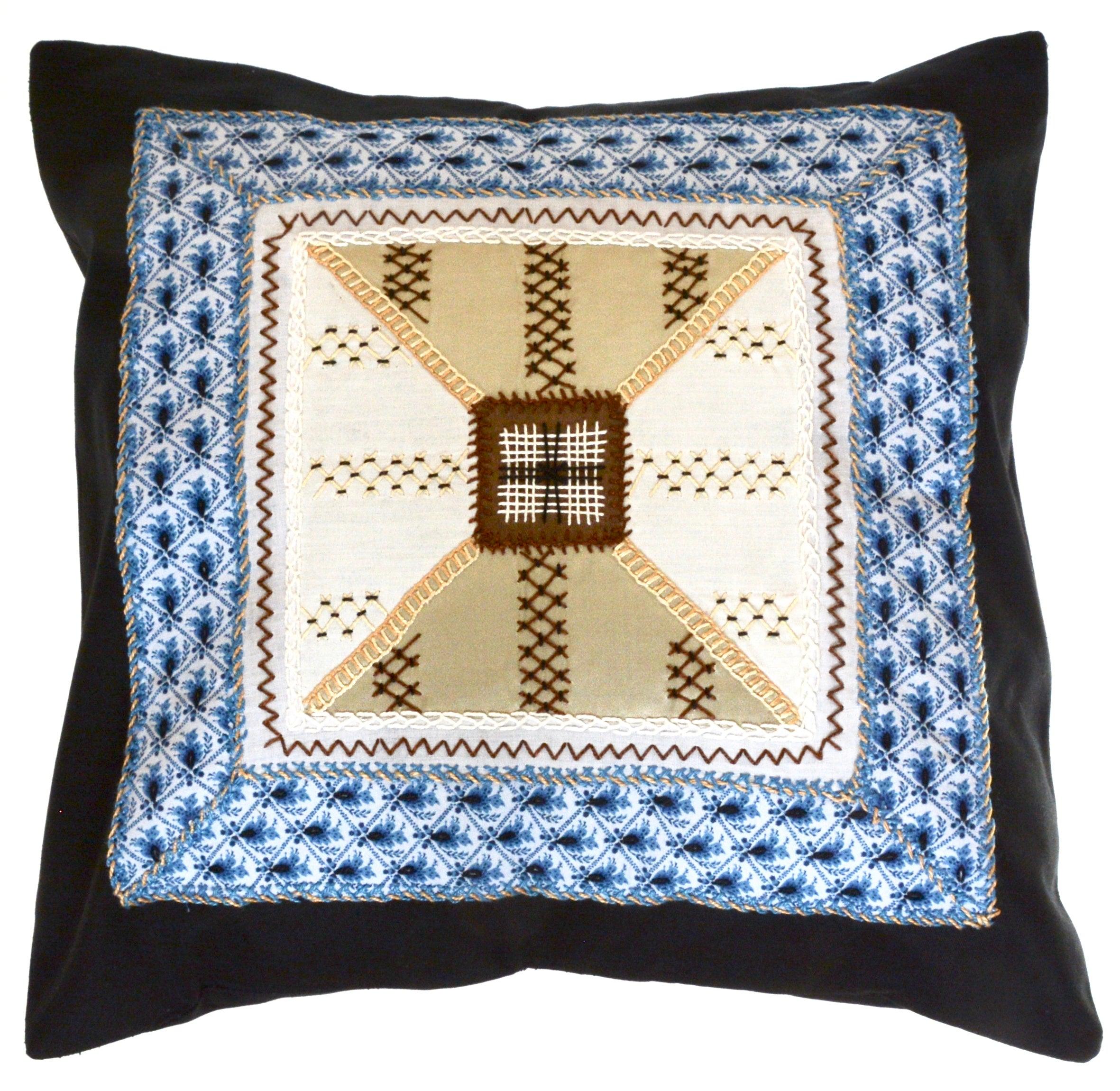 De Colores Design Embroidered Pillow on black Honduras Threads