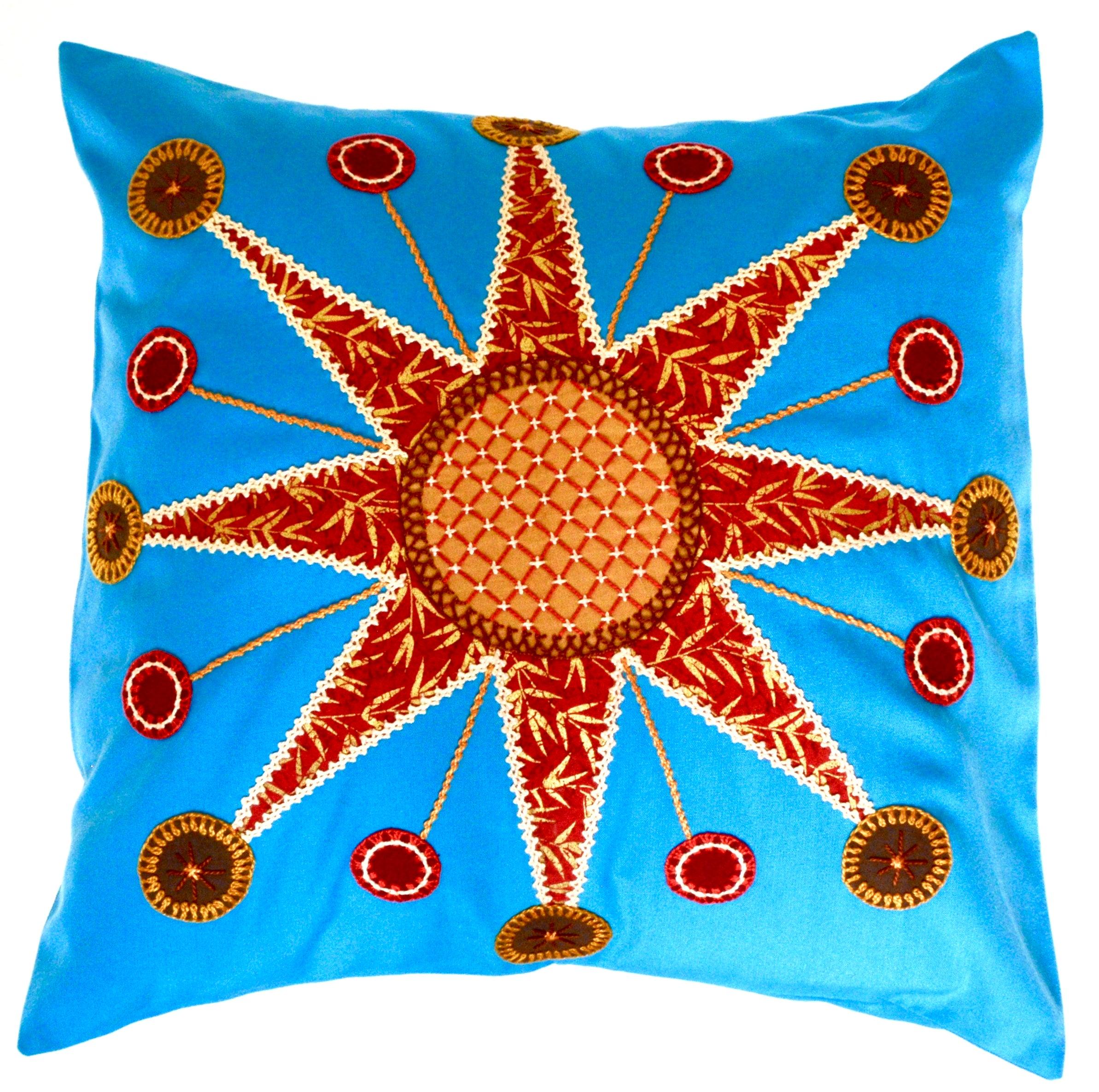 Sol Azul Design Embroidered Pillow on turquoise Honduras Threads