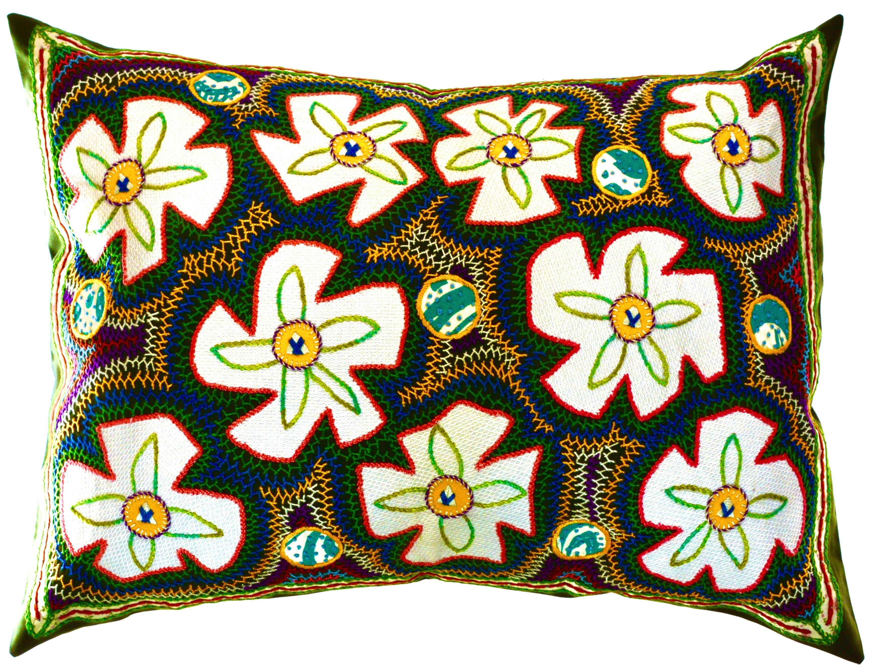 Flores Design Embroidered Pillow on Dark green Honduras Threads