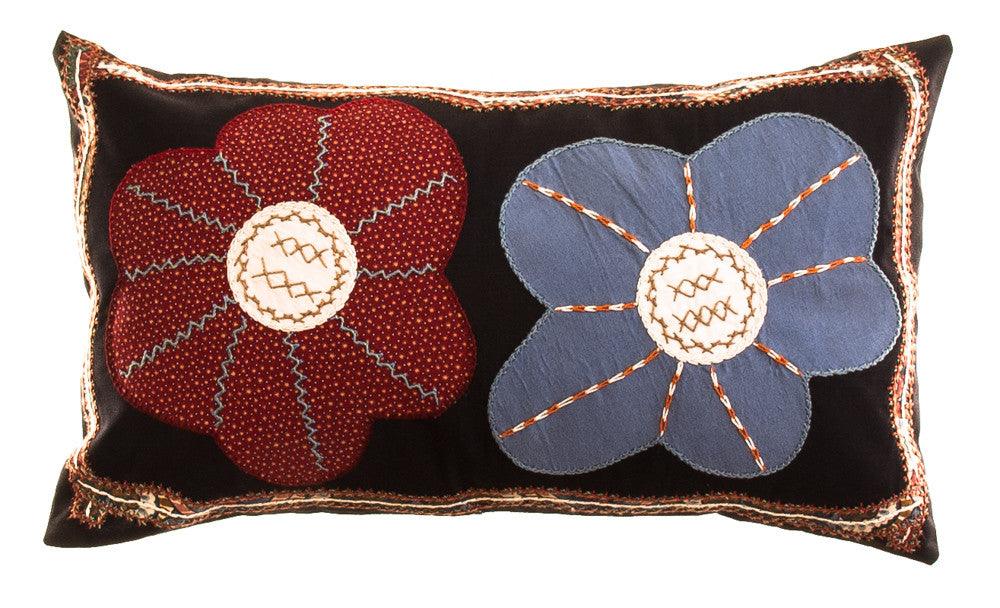 Dos Flores Design Embroidered Pillow on black Honduras Threads