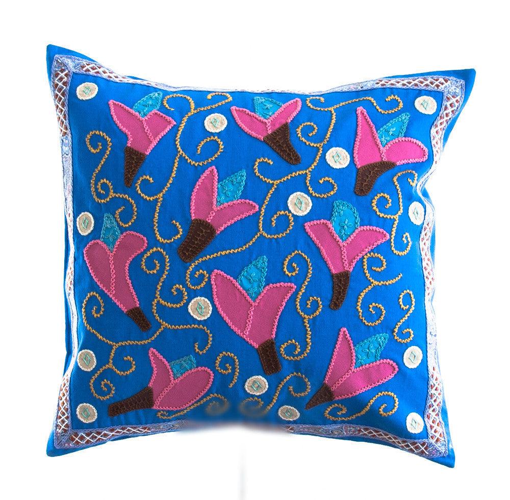 Lirios Design Embroidered Pillow on Blue Honduras Threads