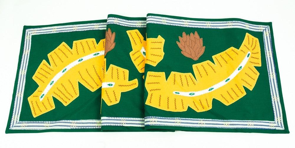 Hojas Design Embroidered Table Runner on green Honduras Threads