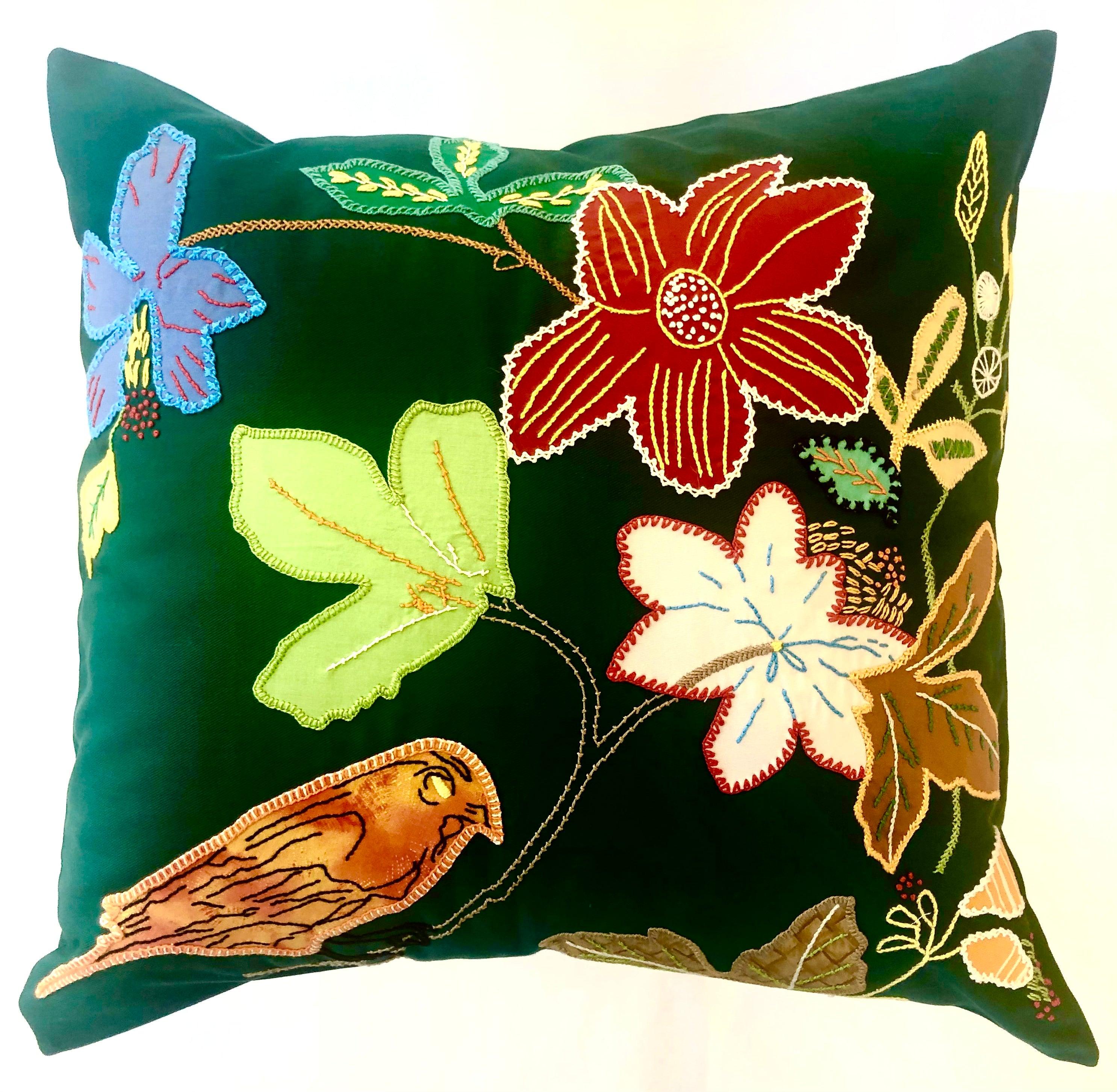 Birds and Dogwood Pillow on Dark Green Honduras Threads