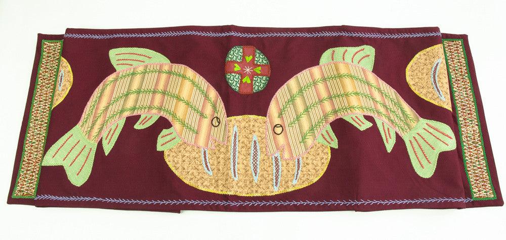 Pan y Pescado Design Embroidered Table Runner on Marsala Honduras Threads