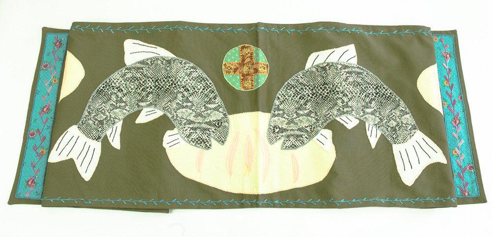 Pan y Pescado Design Embroidered Table Runner on Sage Honduras Threads