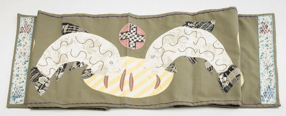 Pan y Pescado Design Embroidered Table Runner on Sage Honduras Threads