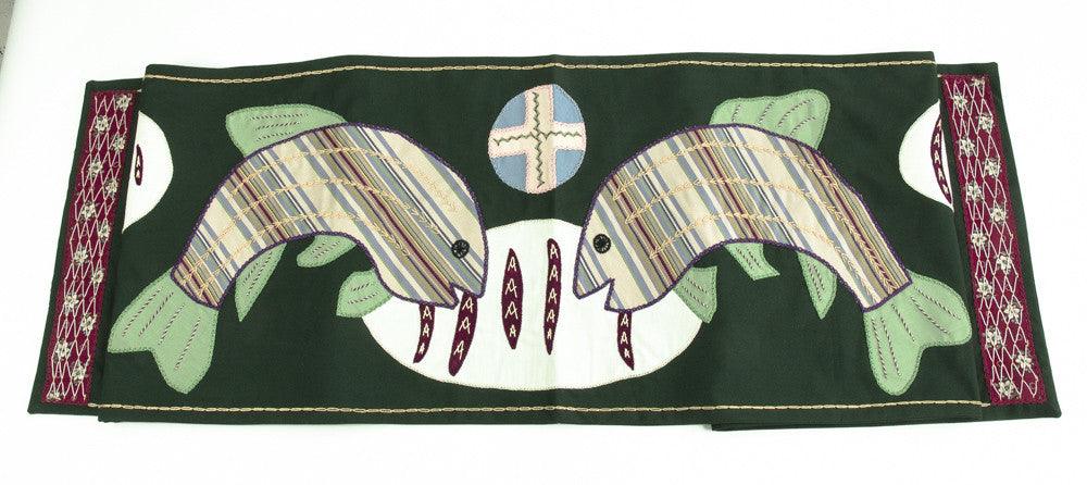 Pan y Pescado Design Embroidered Table Runner on dark green Honduras Threads