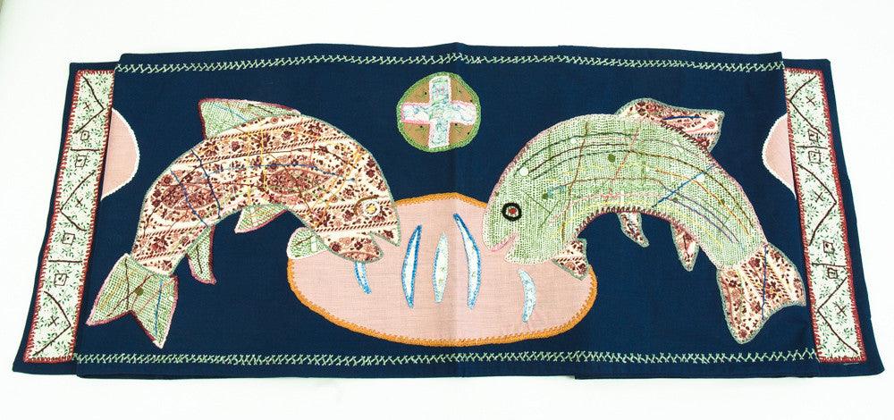 Pan y Pescado Design Embroidered Table Runner on navy Honduras Threads