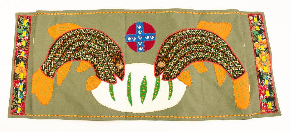 Pan y Pescado Design Embroidered Table Runner on sage Honduras Threads